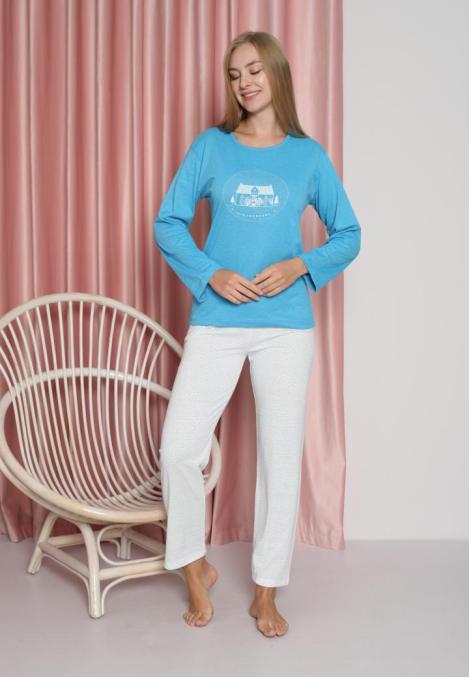 Pijama damă, cu mânecă lungă și pantaloni lungi din bumbac, imprimeu casă, culoare albastru,Engros